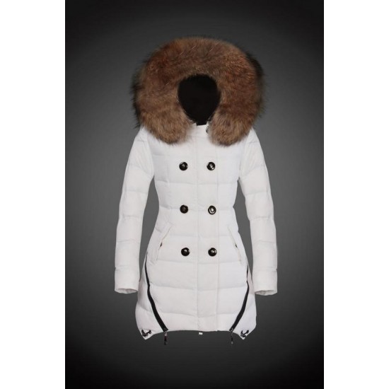 Women Moncler Long Down Coats With Raccoon Fur Collar White