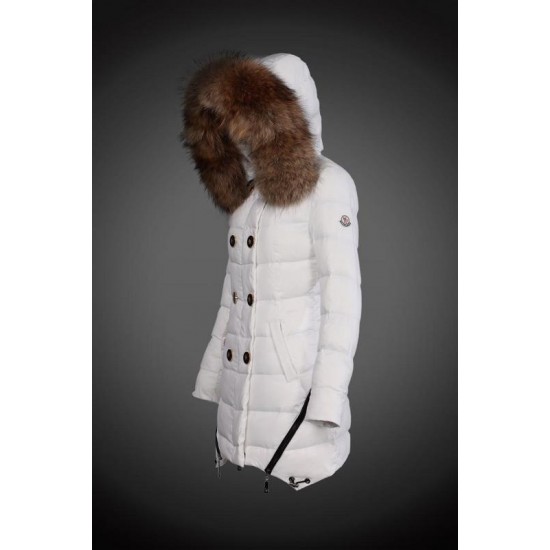 Women Moncler Long Down Coats With Raccoon Fur Collar White