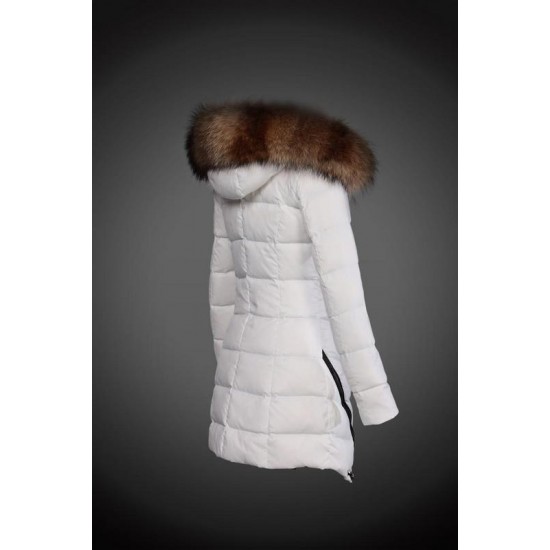 Women Moncler Long Down Coats With Raccoon Fur Collar White