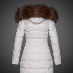Women Moncler Long Down Coats With Raccoon Fur Collar White