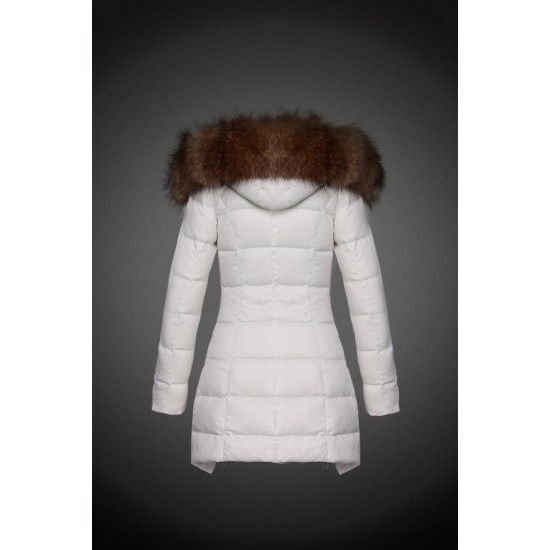 Women Moncler Long Down Coats With Raccoon Fur Collar White