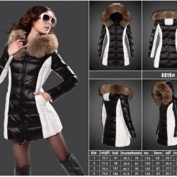 Women Moncler Long Down Coats With Raccoon Fur Collar Black White