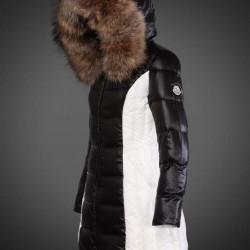 Women Moncler Long Down Coats With Raccoon Fur Collar Black White