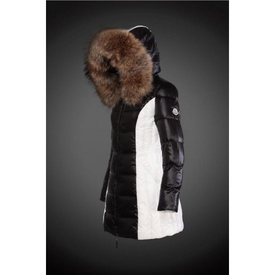 Women Moncler Long Down Coats With Raccoon Fur Collar Black White