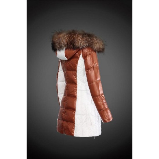 Women Moncler Long Down Coats With Raccoon Fur Collar Brown White