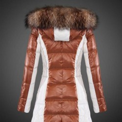 Women Moncler Long Down Coats With Raccoon Fur Collar Brown White