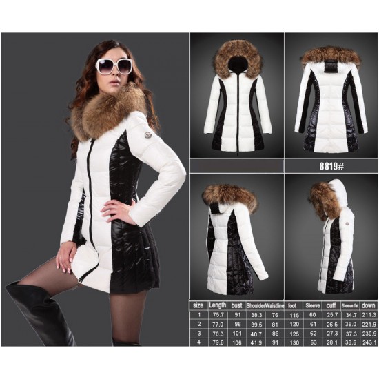 Women Moncler Long Down Coats With Raccoon Fur Collar White Black