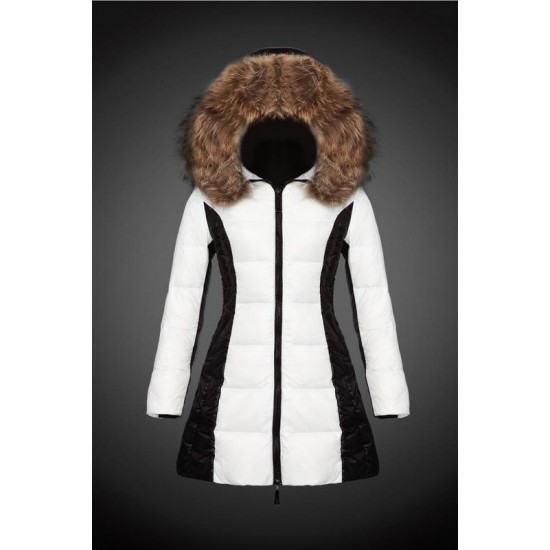 Women Moncler Long Down Coats With Raccoon Fur Collar White Black