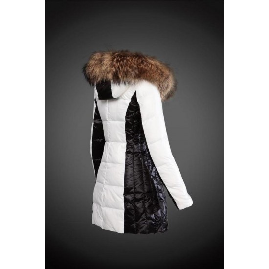 Women Moncler Long Down Coats With Raccoon Fur Collar White Black