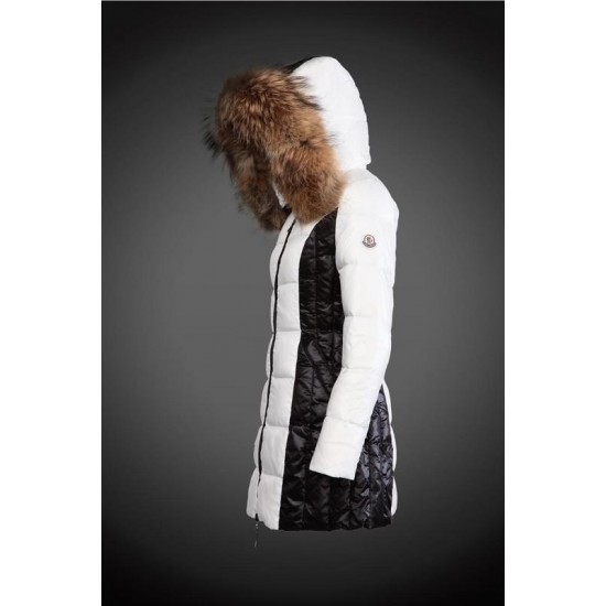 Women Moncler Long Down Coats With Raccoon Fur Collar White Black