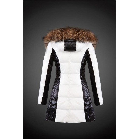 Women Moncler Long Down Coats With Raccoon Fur Collar White Black