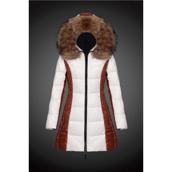 Women Moncler Long Down Coats With Raccoon Fur Collar White Brown