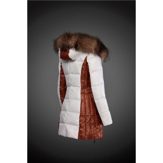 Women Moncler Long Down Coats With Raccoon Fur Collar White Brown