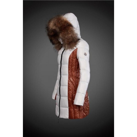 Women Moncler Long Down Coats With Raccoon Fur Collar White Brown