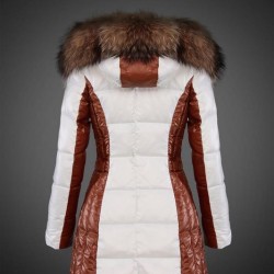 Women Moncler Long Down Coats With Raccoon Fur Collar White Brown