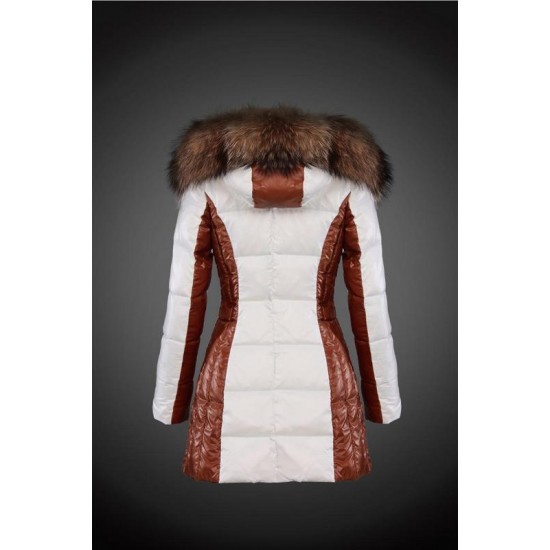 Women Moncler Long Down Coats With Raccoon Fur Collar White Brown