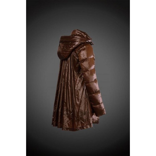 Women Moncler Long Down Coat With Hat Brown